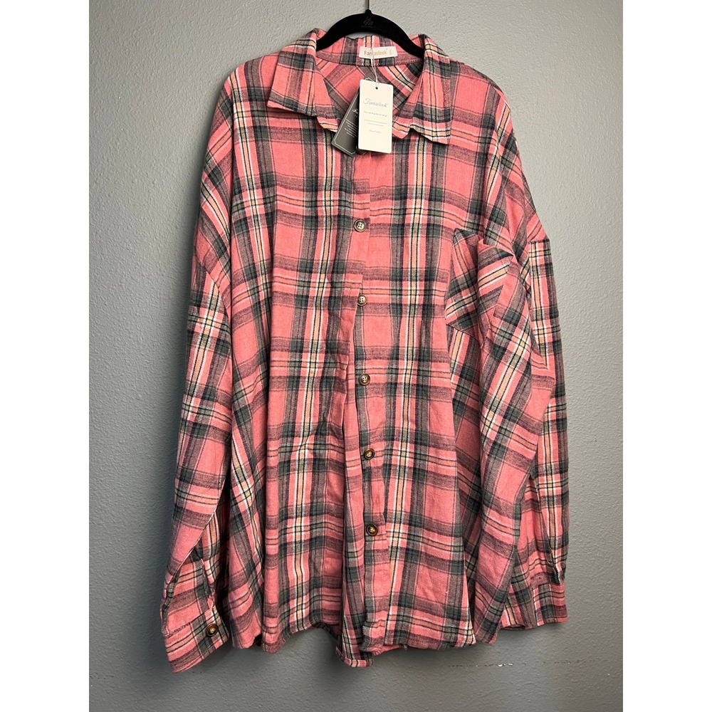 Fantaslook Pink Black Plaid Oversized Button Down Shirt 5XL Long Sleeve Country